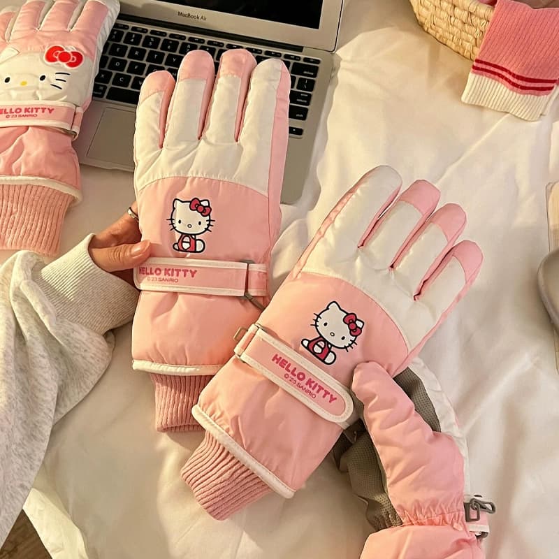 Sanrio x Hello Kitty x Хелло Китти Розово-белый Милый бант Универсальный утолщенный с флисовой подкладкой Модный термозащитный осень зима холодостойкий ветрозащитный и водонепроницаемый Ткань: 100% полиэстер Перчатки Унисекс парный - изображение 3