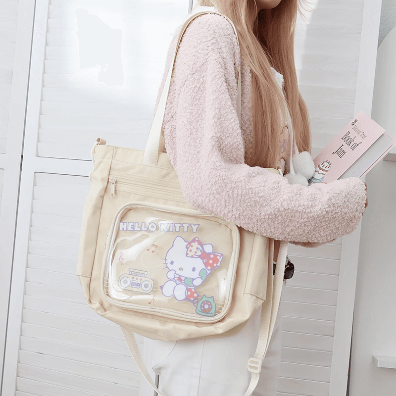 Sanrio Hello Kitty Повседневный Модный Универсальный Утилитарный Мультяшный Милый и симпатичный Портативный Легкий Прочный Прозрачный Полиэстер Ита-сумка Обычный размер Женский Бежевый - изображение 4