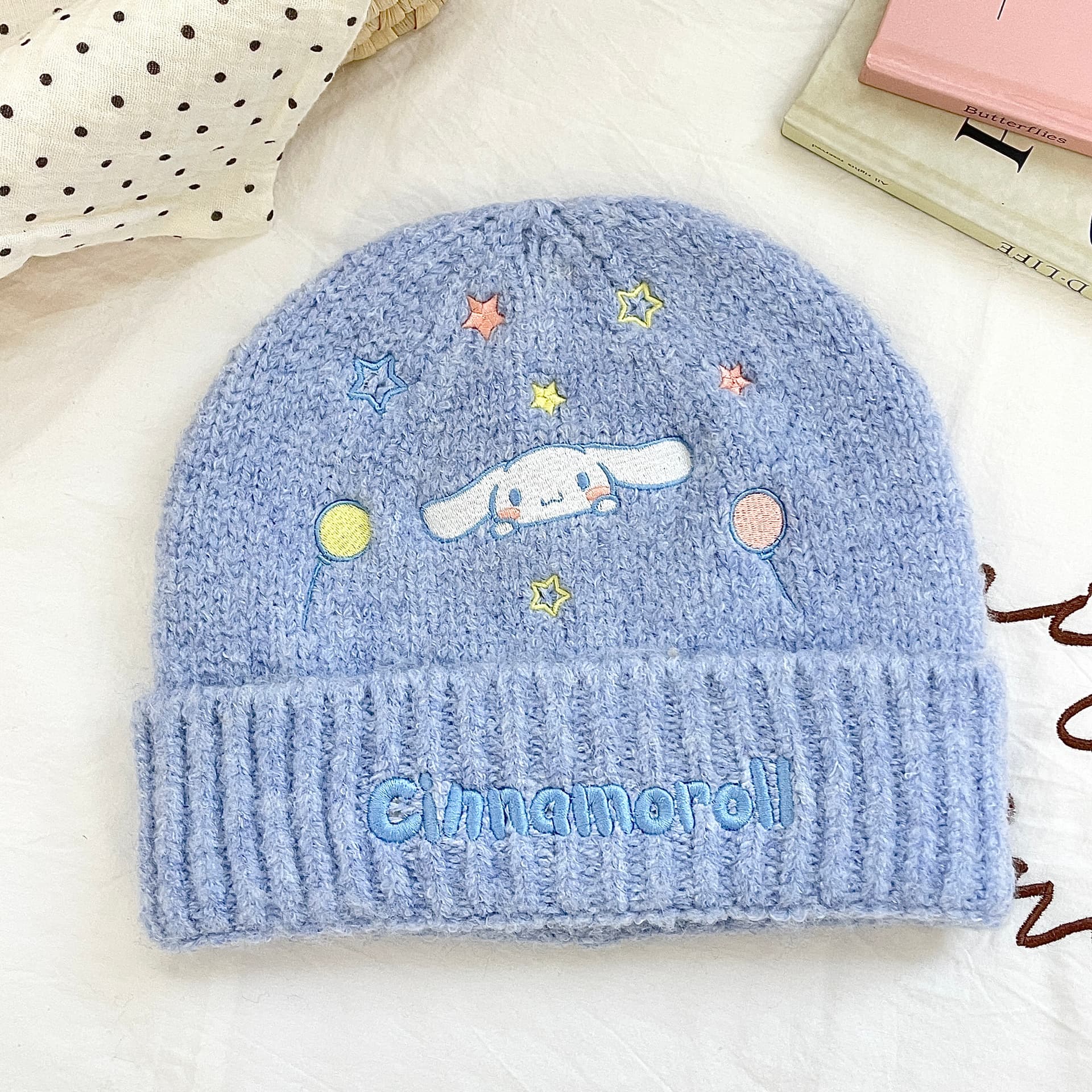 Шапка Sanrio Cinnamoroll Синяя универсальная шапка-бини с вышивкой, ветрозащитная, утепленная, для женщин, 95% полиэстер, 5% эластан - изображение 2