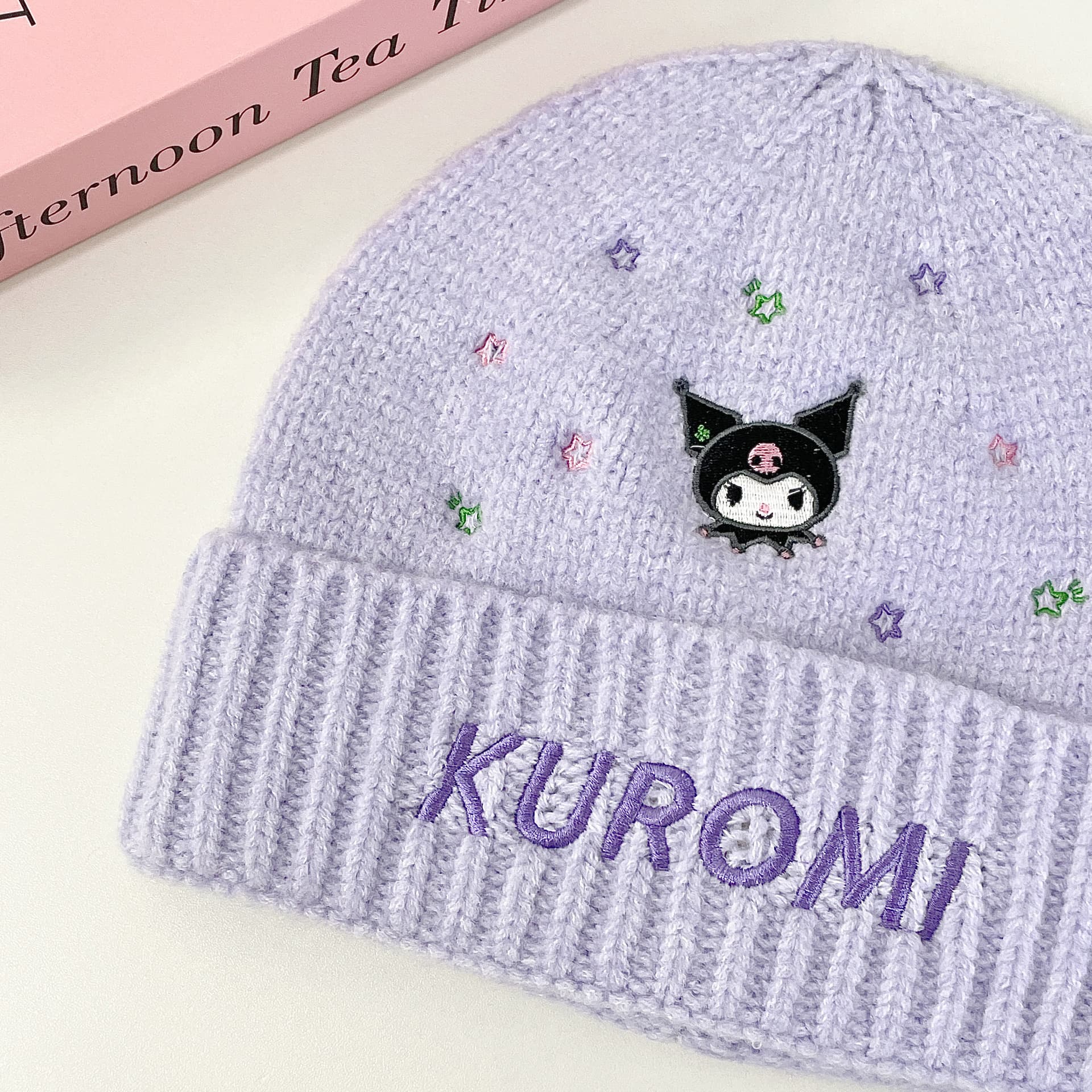 Шапка Sanrio x Куроми Фиолетовый с вышитыми звездами универсальный термозащитный ветрозащитный холодостойкий для отдыха на природе - изображение 5