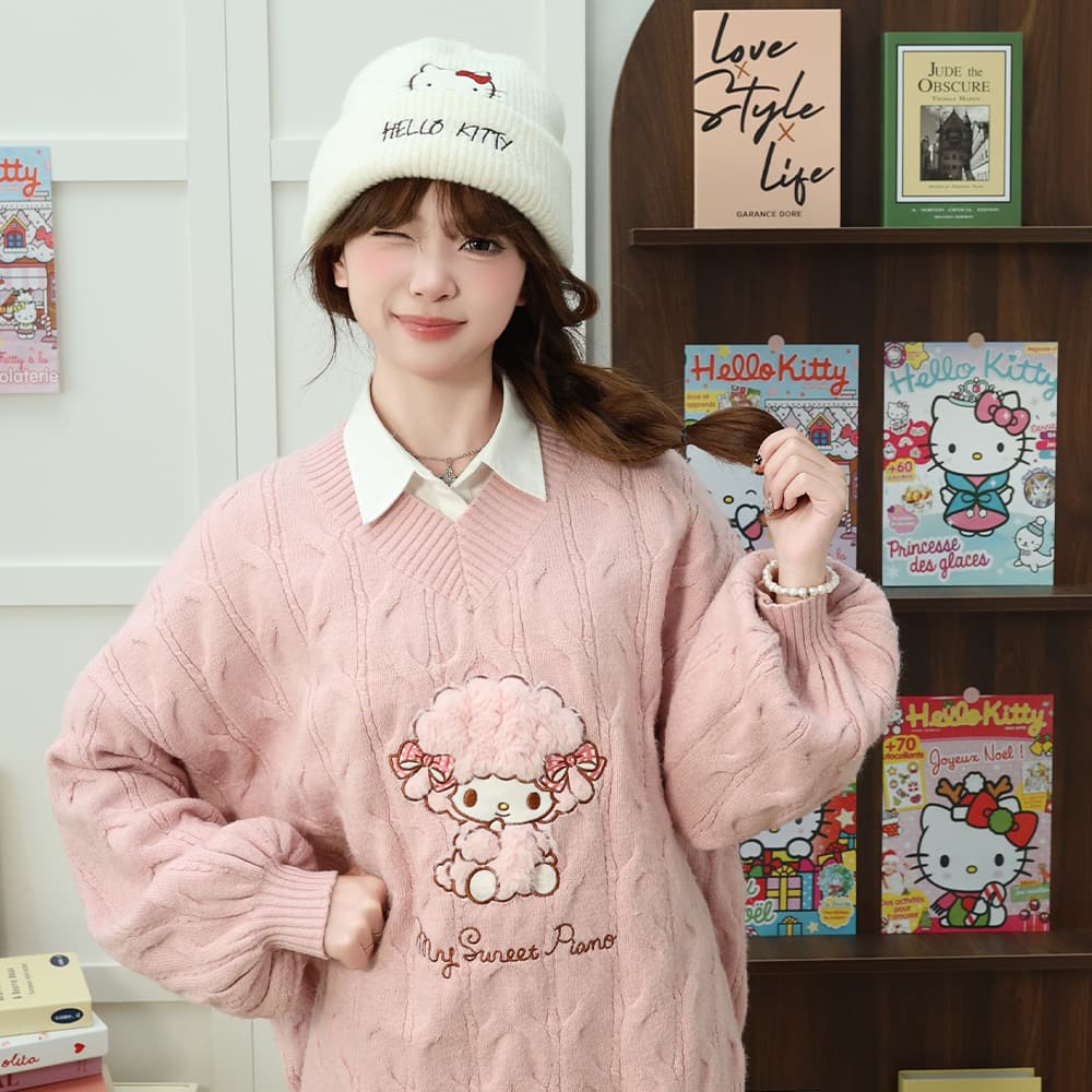 Шапка Sanrio Hello Kitty Экрю универсальная шерстяная шапка с вышивкой, ветрозащитная, теплая, утилитарная, привлекательная, 95% полиэстер, 5% эластан, женская - изображение 4