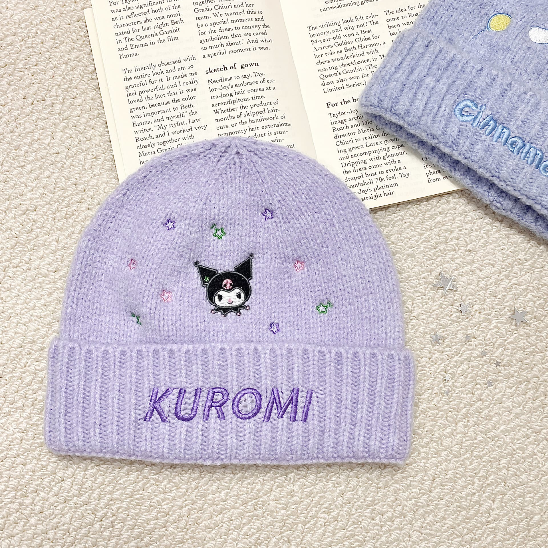 Шапка Sanrio x Куроми Фиолетовый с вышитыми звездами универсальный термозащитный ветрозащитный холодостойкий для отдыха на природе - изображение 2