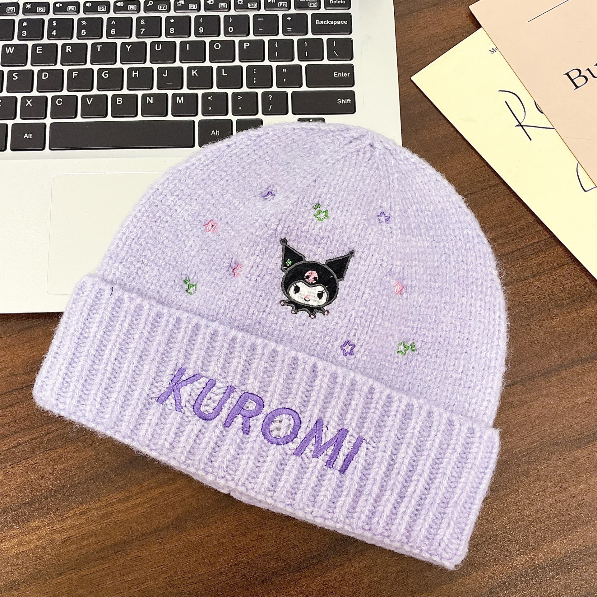 Шапка Sanrio x Куроми Фиолетовый с вышитыми звездами универсальный термозащитный ветрозащитный холодостойкий для отдыха на природе - изображение 4