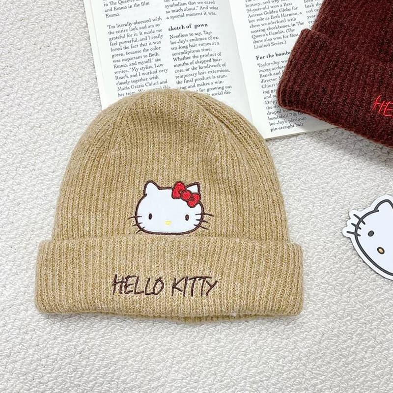 Шапка Sanrio Hello Kitty Хаки милый вышивка универсальный термозащитный ветрозащитный холодостойкий на открытом воздухе путешествие 95% полиэстер, 5% эластан шерстяная шапка женский - изображение 3