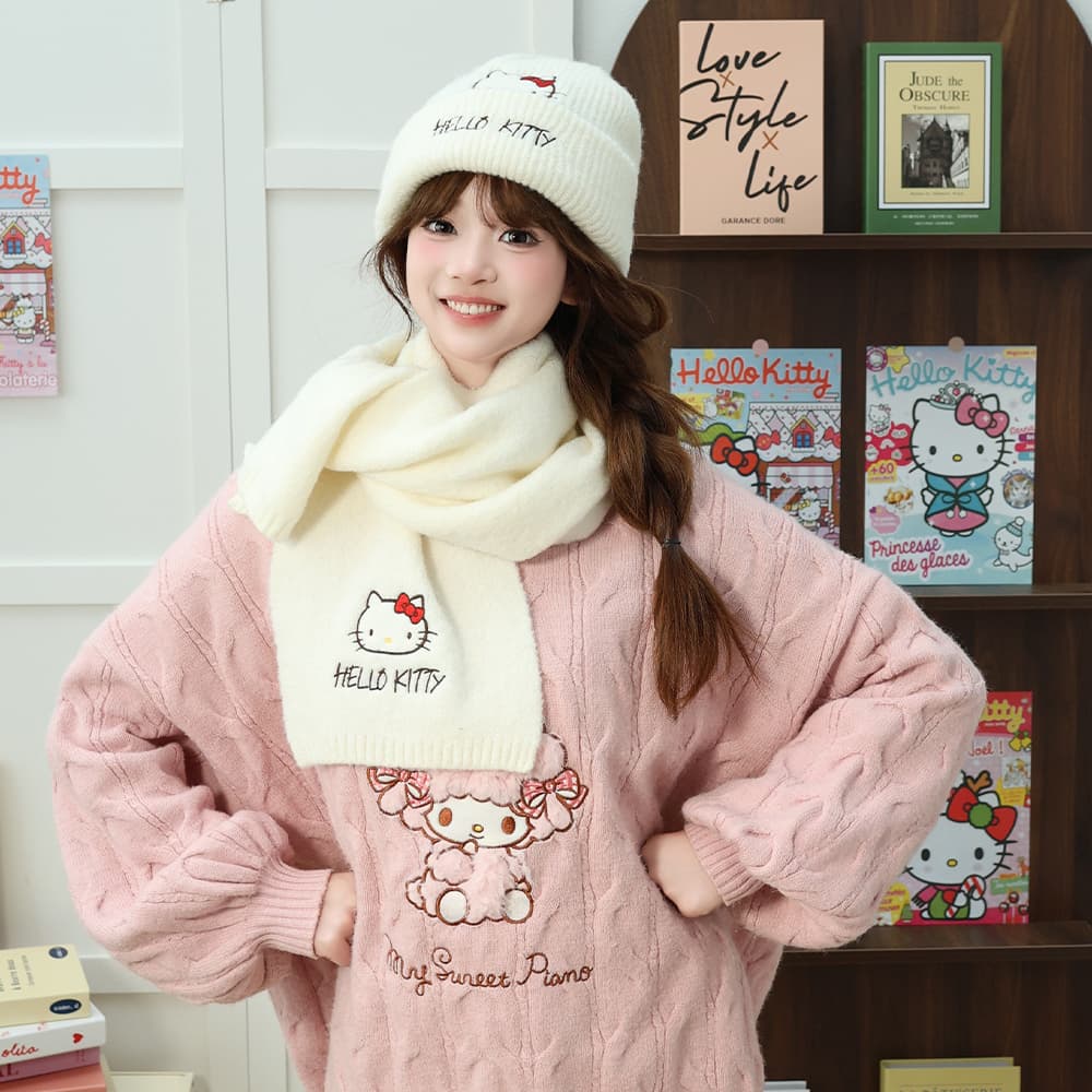 Шапка Sanrio Hello Kitty Экрю универсальная шерстяная шапка с вышивкой, ветрозащитная, теплая, утилитарная, привлекательная, 95% полиэстер, 5% эластан, женская - изображение 2