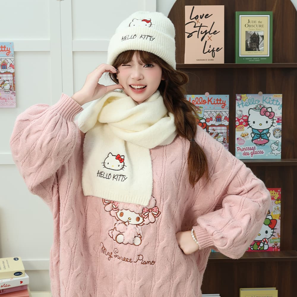 Шапка Sanrio Hello Kitty Экрю универсальная шерстяная шапка с вышивкой, ветрозащитная, теплая, утилитарная, привлекательная, 95% полиэстер, 5% эластан, женская - изображение 3