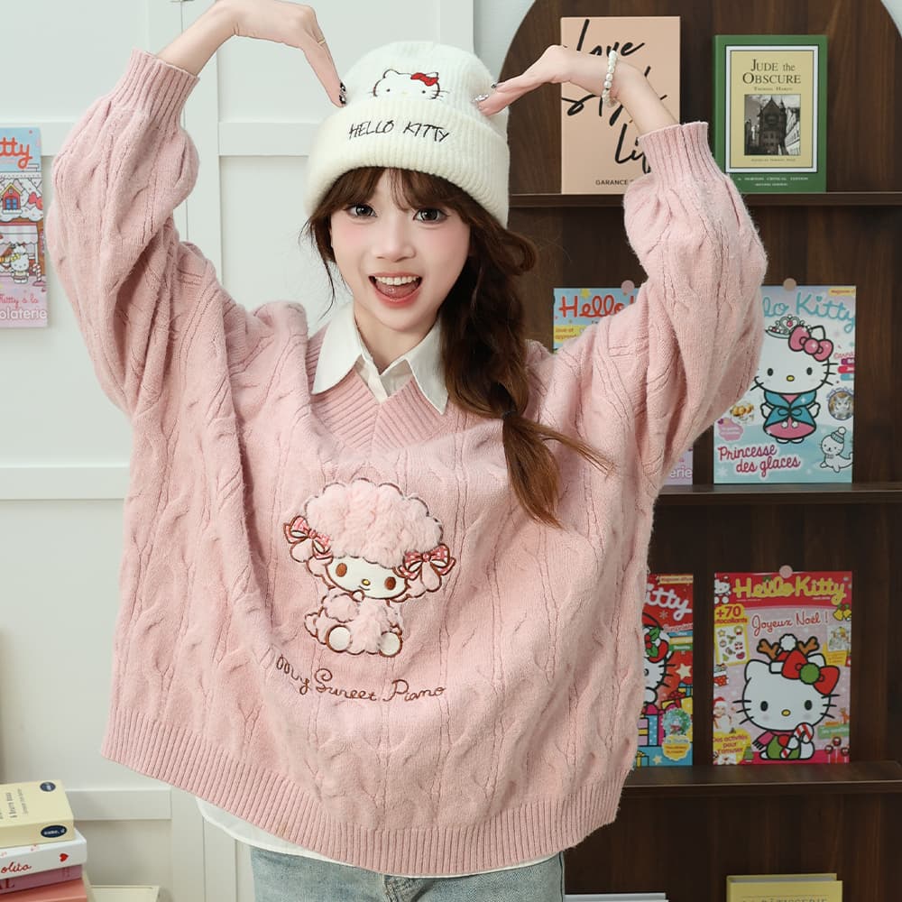 Шапка Sanrio Hello Kitty Экрю универсальная шерстяная шапка с вышивкой, ветрозащитная, теплая, утилитарная, привлекательная, 95% полиэстер, 5% эластан, женская - изображение 5