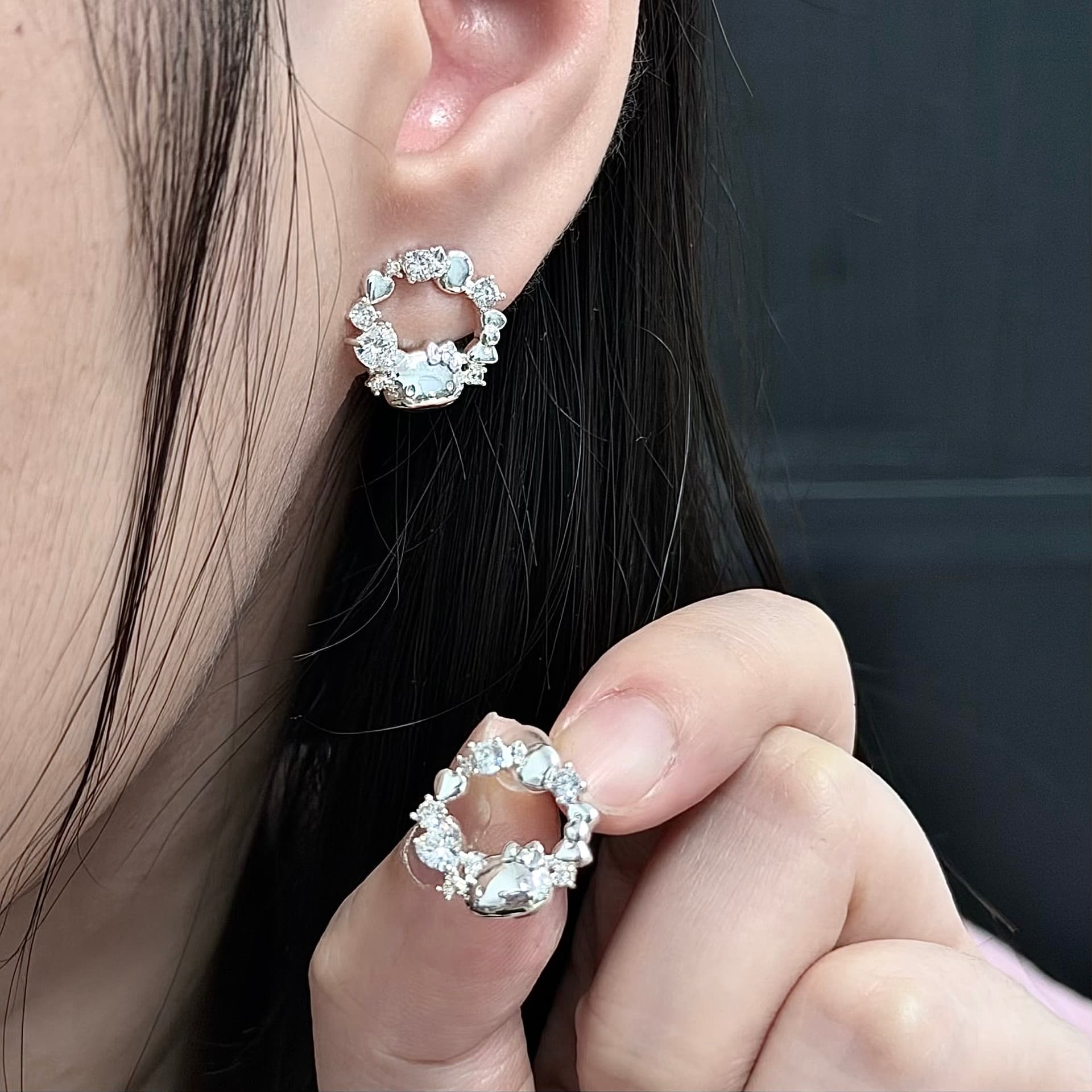 Серьги Sanrio x Hello Kitty Циркон Белый золотой Покрытый Серьги-гвоздики Женские - изображение 5