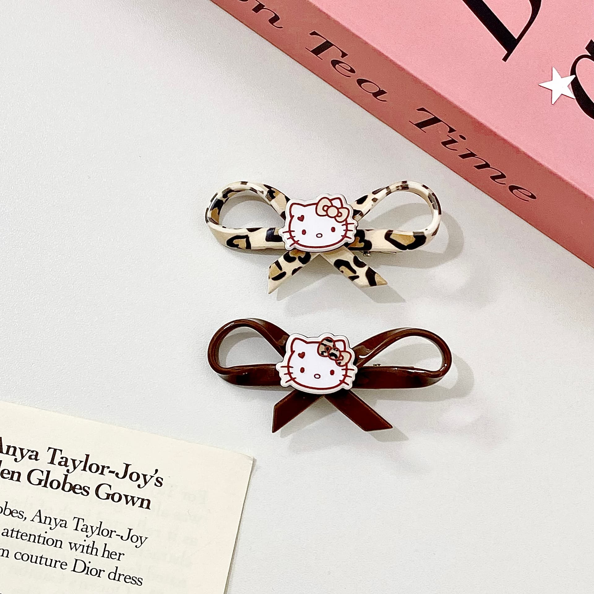 Заколка Sanrio Хелло Китти Леопардовый принт Большой размер головы Мультяшный рисунок Милый Бант Заколки для волос Освежающий Привлекательный Чёлка Акрил - изображение 2