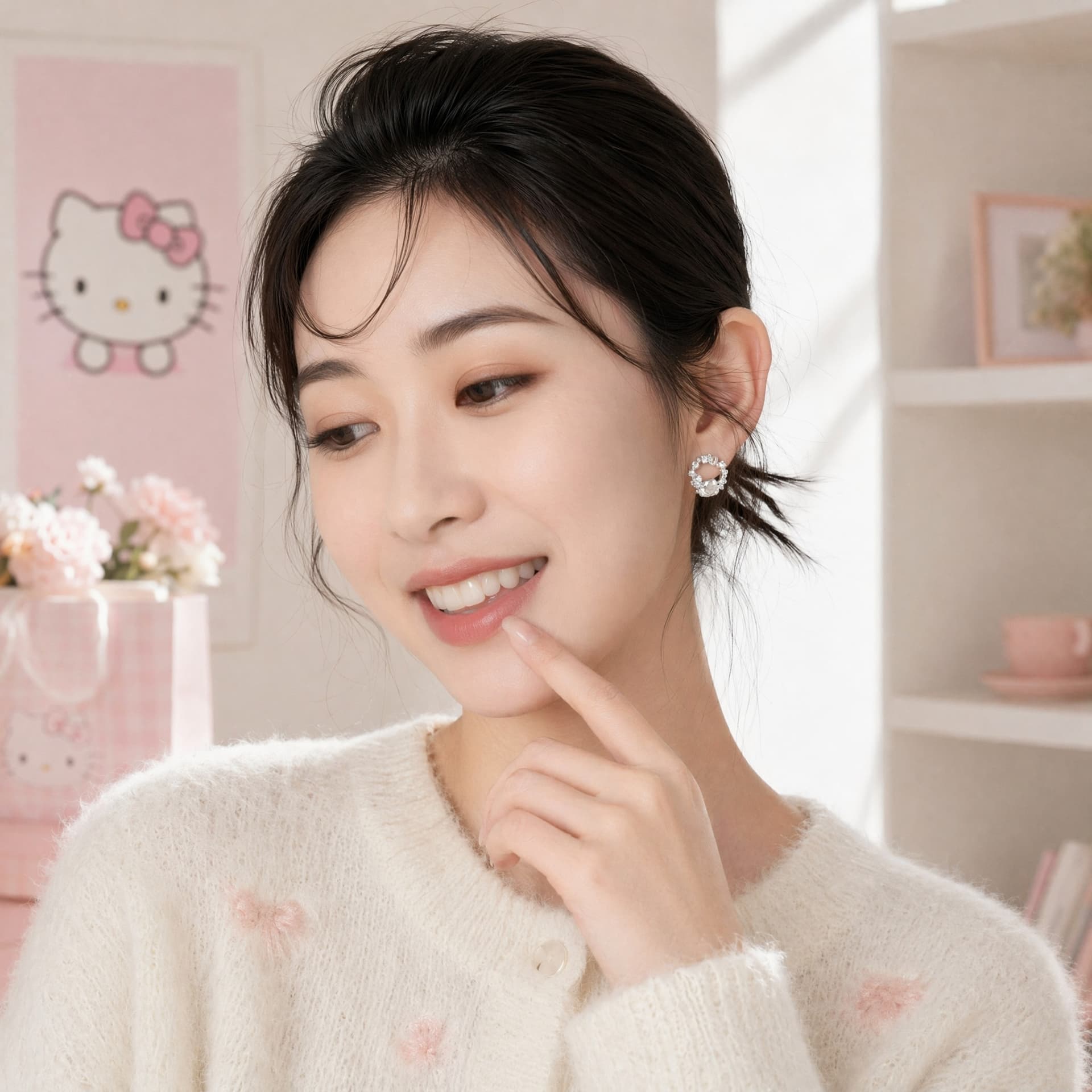 Серьги Sanrio x Hello Kitty Циркон Белый золотой Покрытый Серьги-гвоздики Женские - изображение 4