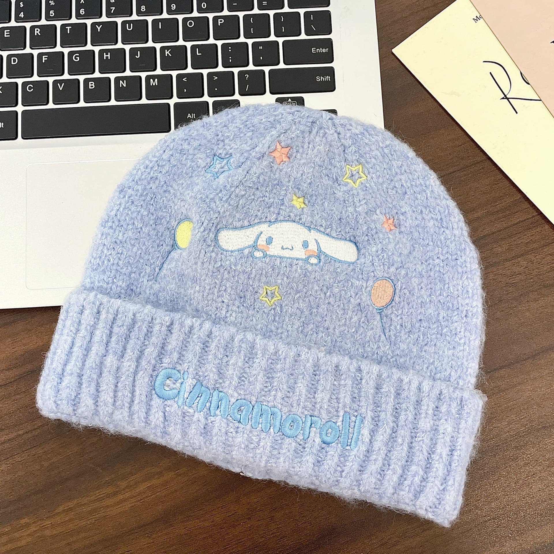 Шапка Sanrio Cinnamoroll Синяя универсальная шапка-бини с вышивкой, ветрозащитная, утепленная, для женщин, 95% полиэстер, 5% эластан - изображение 3