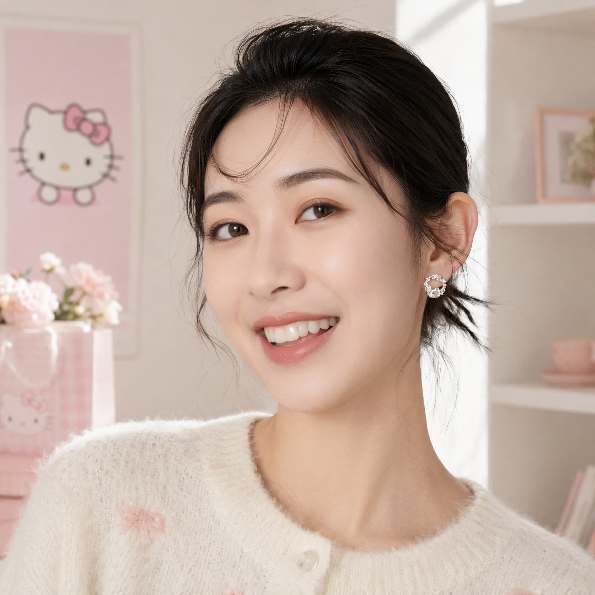 Серьги Sanrio x Hello Kitty Циркон Белый золотой Покрытый Серьги-гвоздики Женские - изображение 3