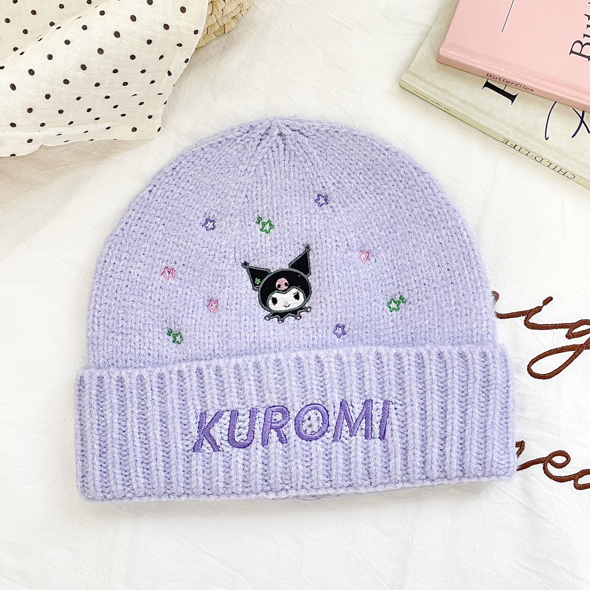 Шапка Sanrio x Куроми Фиолетовый с вышитыми звездами универсальный термозащитный ветрозащитный холодостойкий для отдыха на природе - изображение 3