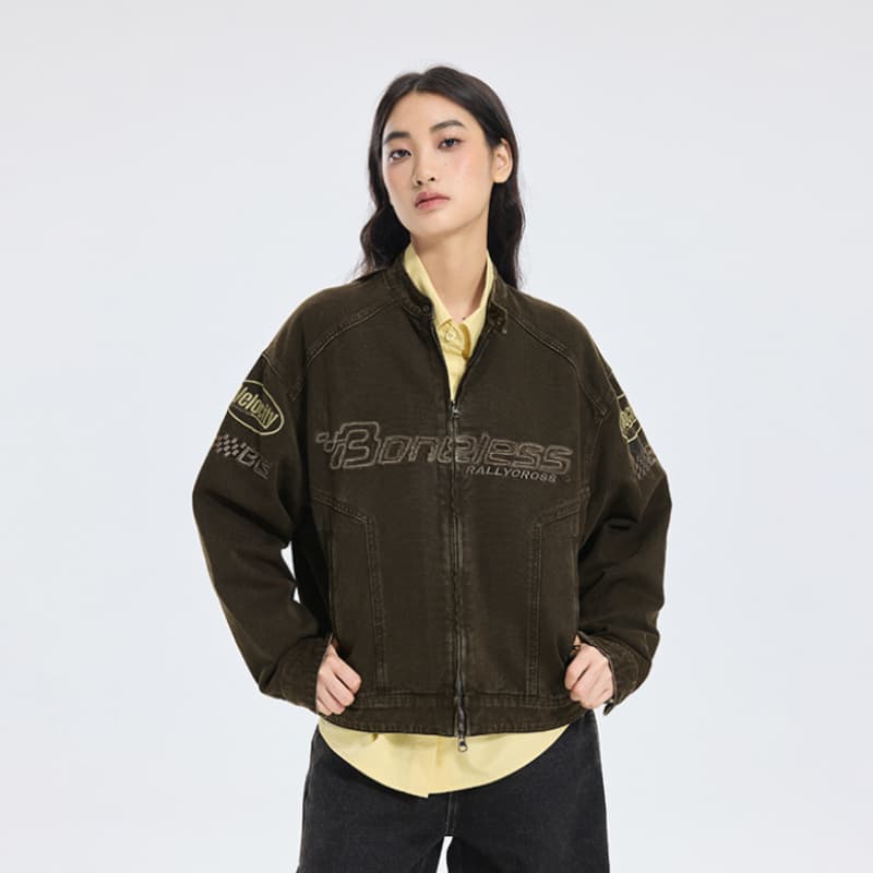 Куртка BONELESS Caramel Engine Washed Embroidered Structured Motorcycle Jacket with Stand Collar Womens - изображение 4