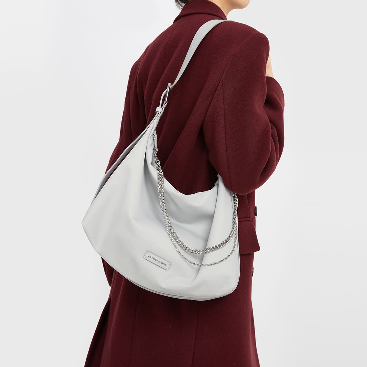 Сумка через плечо CHARLES&KEITH Сумка-тоут из нейлона с цепочкой, большое основное отделение, комбинированная ткань PU, через плечо, экстра большой, женская, черный/светло-серый - изображение 5