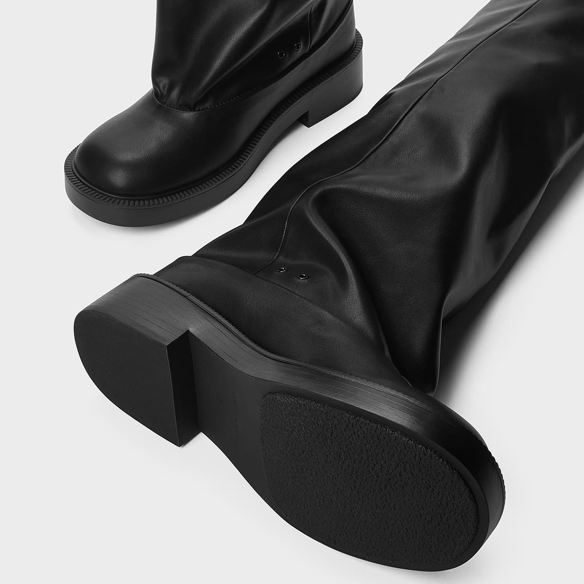Ботинки CHARLES&KEITH PU высокие сапоги с круглым носком и грубым каблуком 4см женские Черный - изображение 4