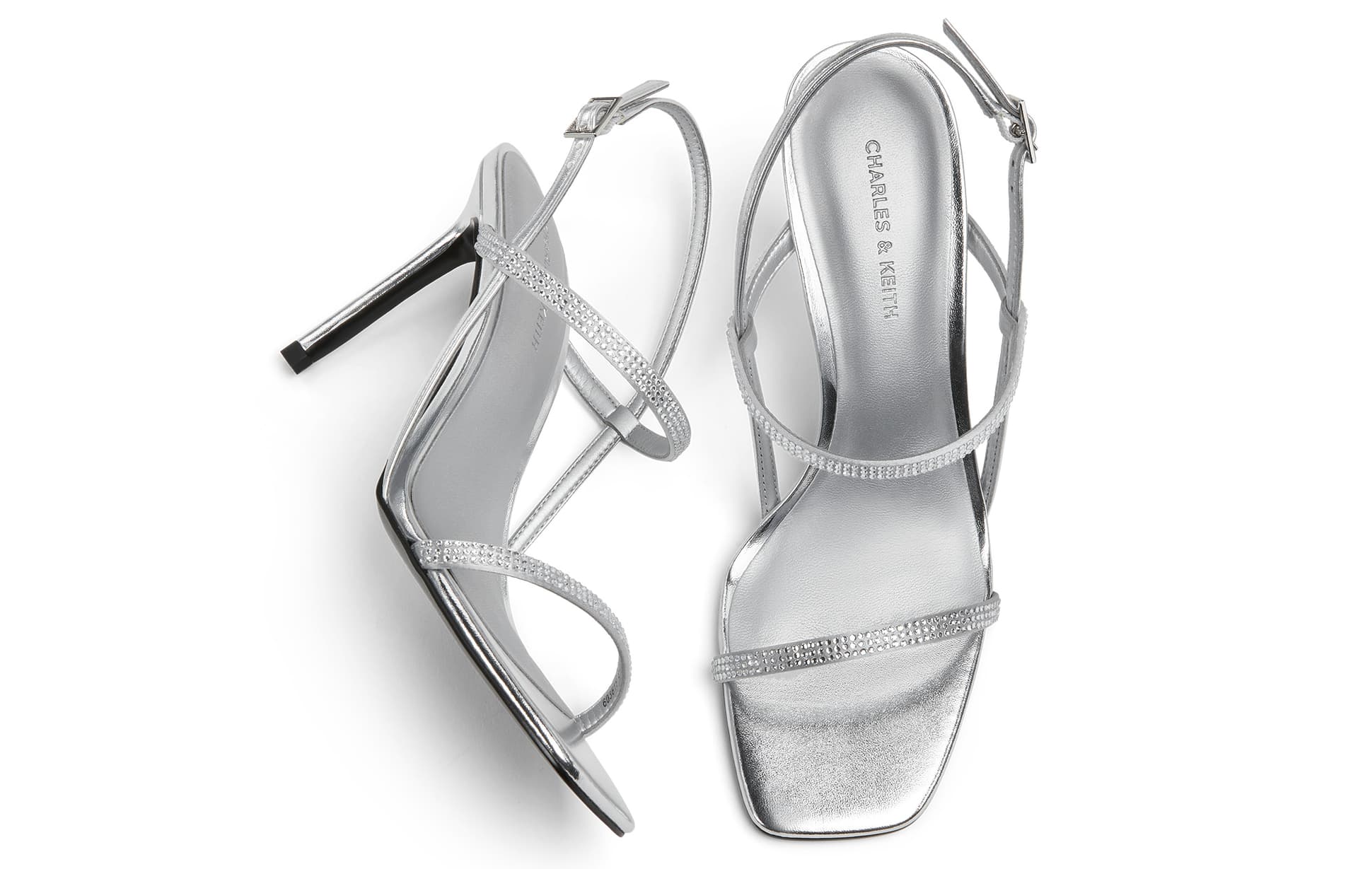 Шлёпанцы CHARLES&KEITH PU Элегантные туфли на высоком каблуке с квадратным носком и стразами для невесты, сандалии с ремешком 9,2 см Женские Silver - изображение 3