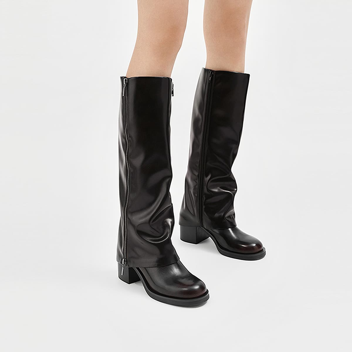 Ботинки CHARLES&KEITH Готические высокие сапоги на молнии из PU с толстым каблуком 7,1 см, женские, черный/темно-коричневый - изображение 5