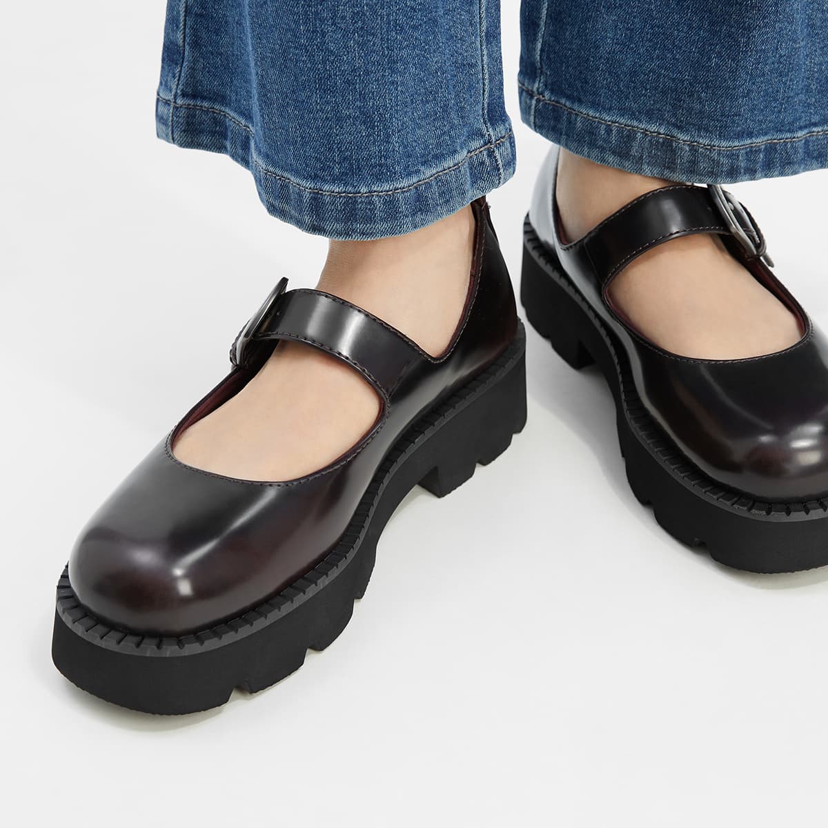 CHARLES&KEITH Готическое платье в стиле Лолита из искусственной кожи, удобные и универсальные туфли Мэри Джейн с грубым каблуком 4,4 см, женские Black Box/Бордовый - изображение 4