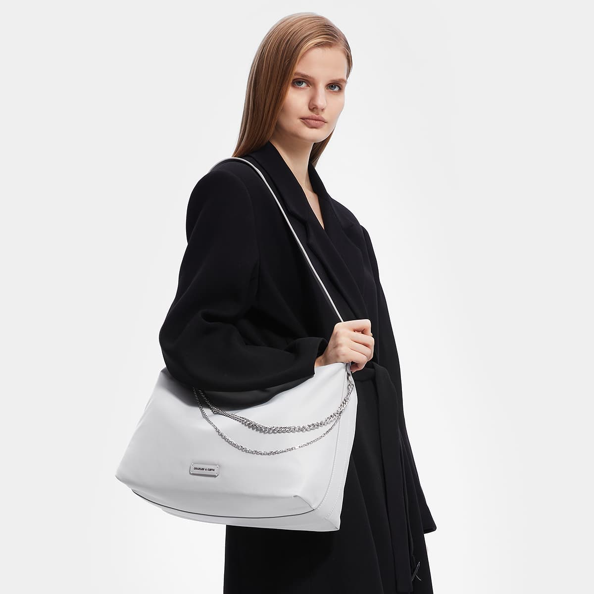 Сумка через плечо CHARLES&KEITH Сумка-тоут из нейлона с цепочкой, большое основное отделение, комбинированная ткань PU, через плечо, экстра большой, женская, черный/светло-серый - изображение 6