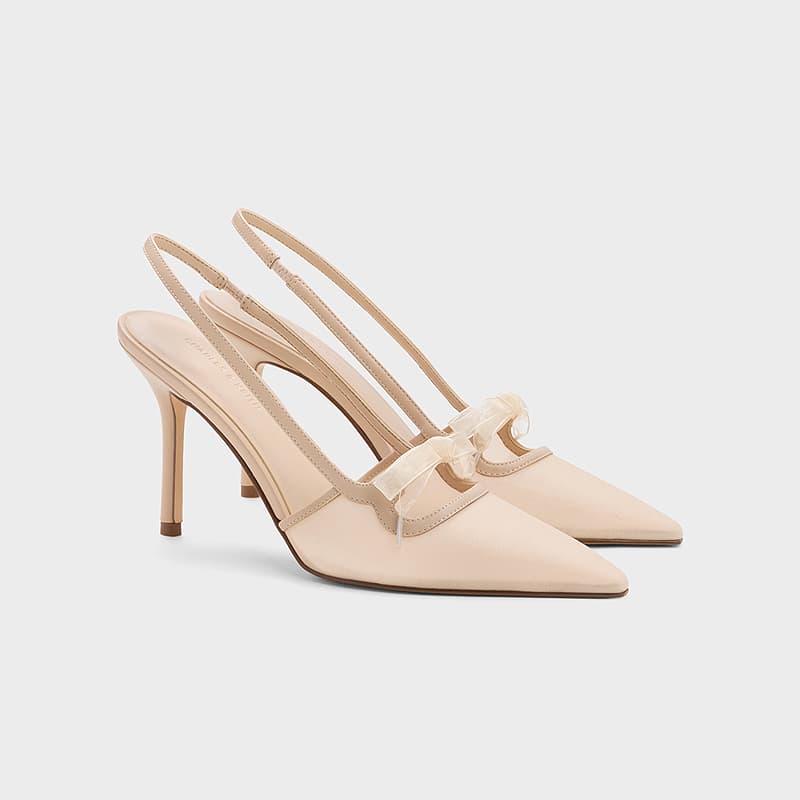 Туфли CHARLES&KEITH Весенние сандалии с острым носком и бантом на узком каблуке 9 см женские телесного цвета - изображение 5
