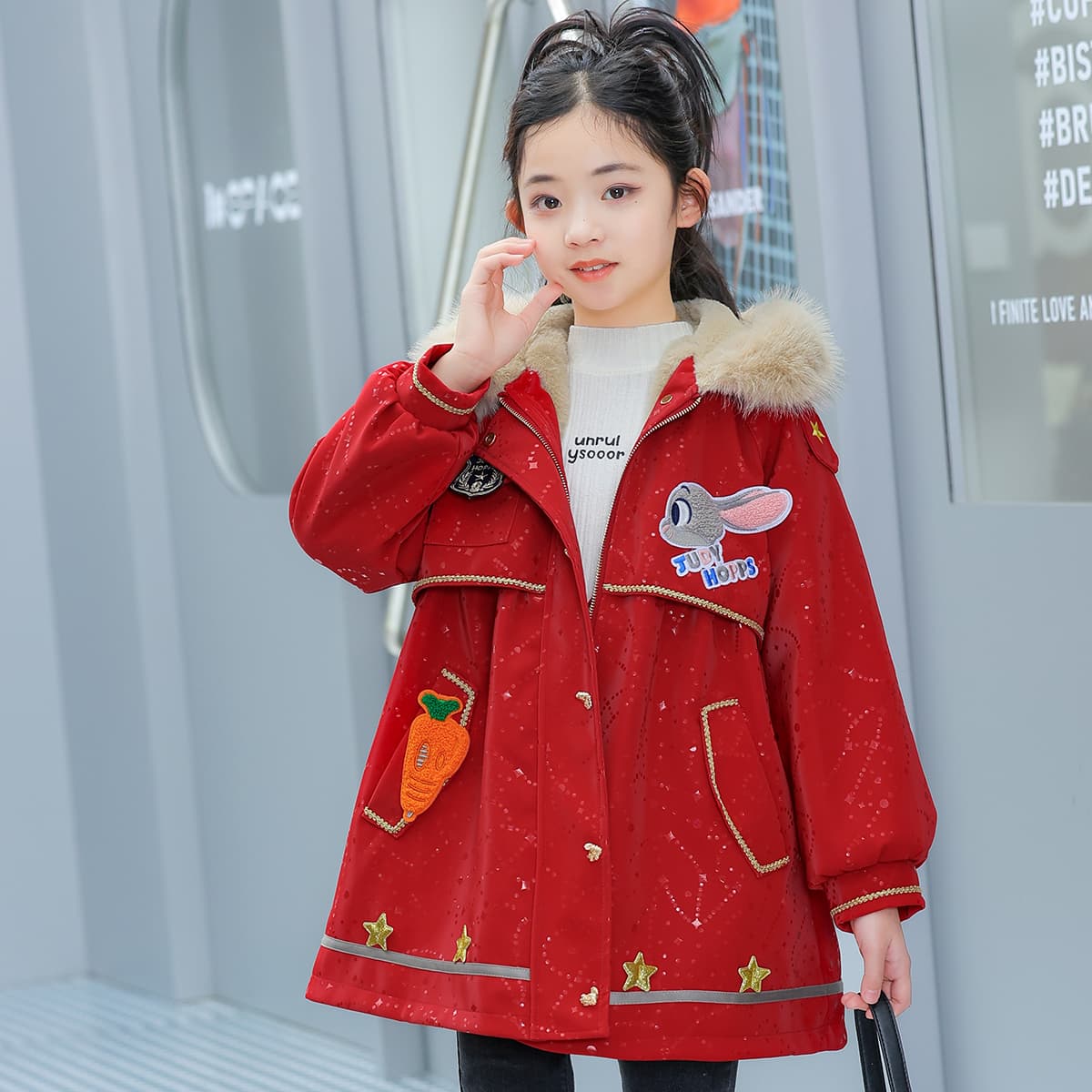 Disney PARKA Пальто Утолщенное и с Флисовой Подкладкой Удобное с Капюшоном Длинный Рукав Стильный Красный - изображение 6