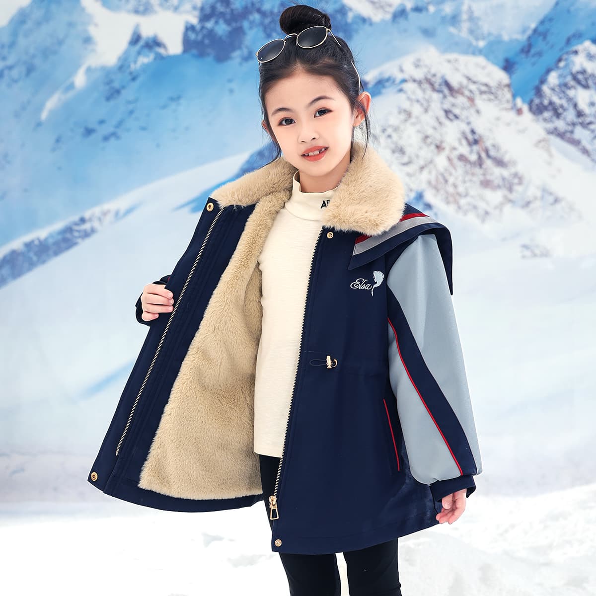 Disney PARKA Пальто Мода Отложной воротник Утолщенный и с флисовой подкладкой Длинный рукав Темно-синий для детей - изображение 4