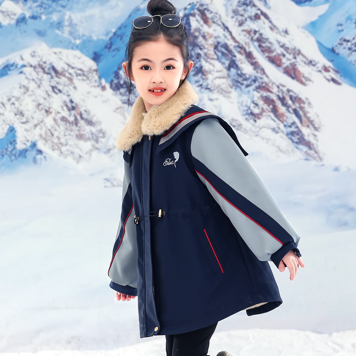 Disney PARKA Пальто Мода Отложной воротник Утолщенный и с флисовой подкладкой Длинный рукав Темно-синий для детей - изображение 2