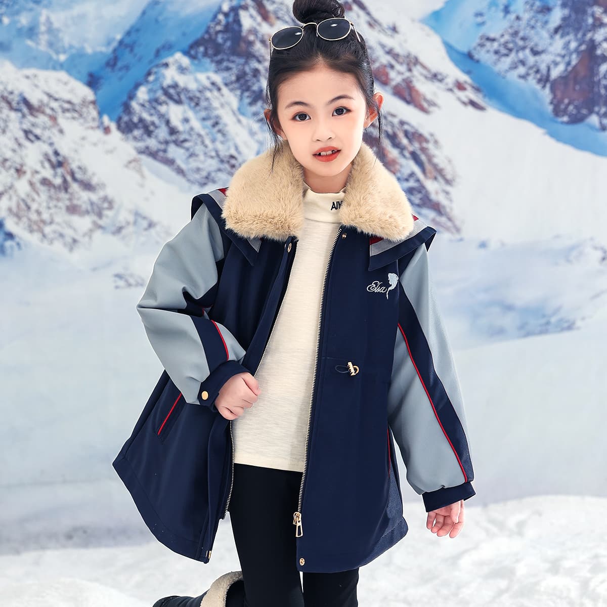 Disney PARKA Пальто Мода Отложной воротник Утолщенный и с флисовой подкладкой Длинный рукав Темно-синий для детей - изображение 3