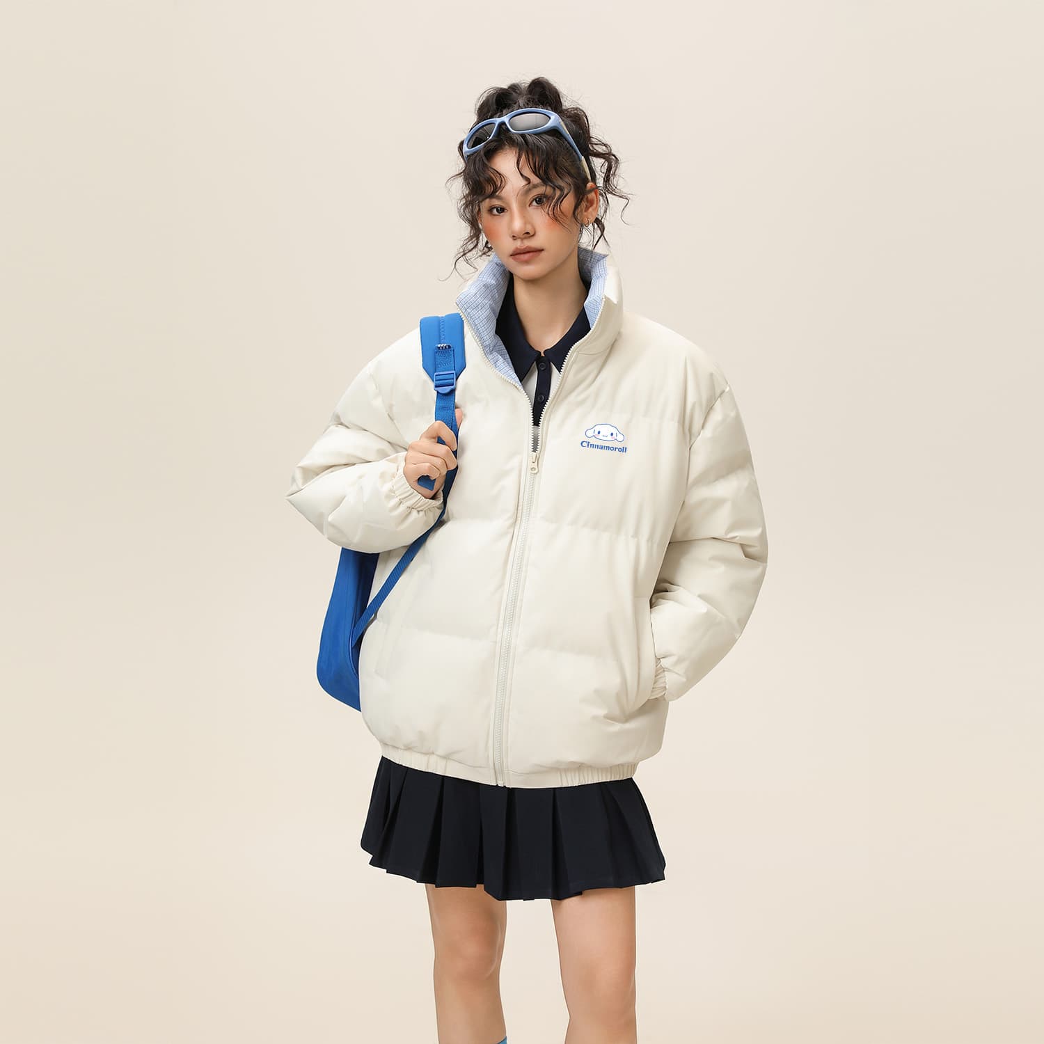 Sanrio x Cinnamoroll Hello Kitty SS25 Контрастная клетка Женский Дофаминовые оттенки Пуховик Зимний утепленный Однотонный Отложной воротник Водолазка Парный Унисекс - изображение 3