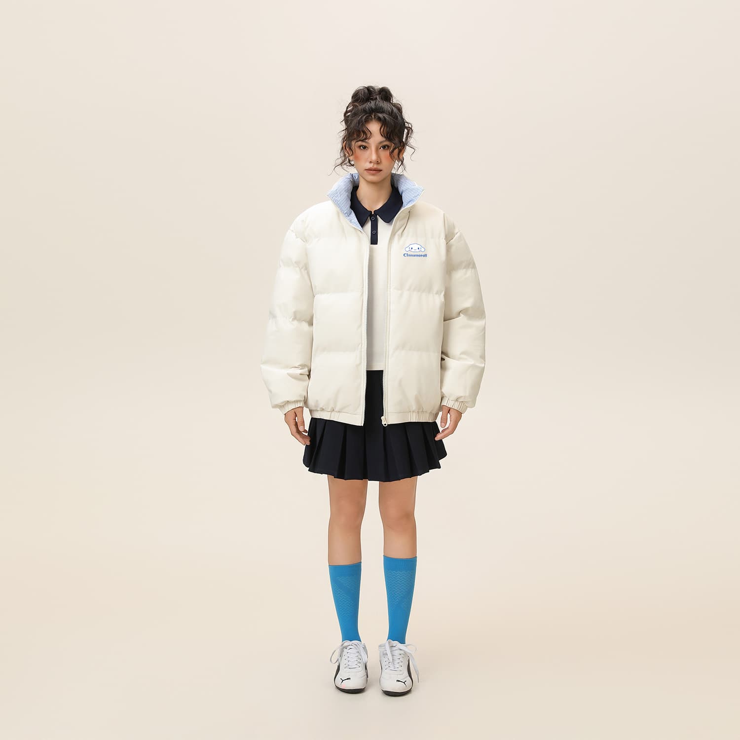Sanrio x Cinnamoroll Hello Kitty SS25 Контрастная клетка Женский Дофаминовые оттенки Пуховик Зимний утепленный Однотонный Отложной воротник Водолазка Парный Унисекс - изображение 4