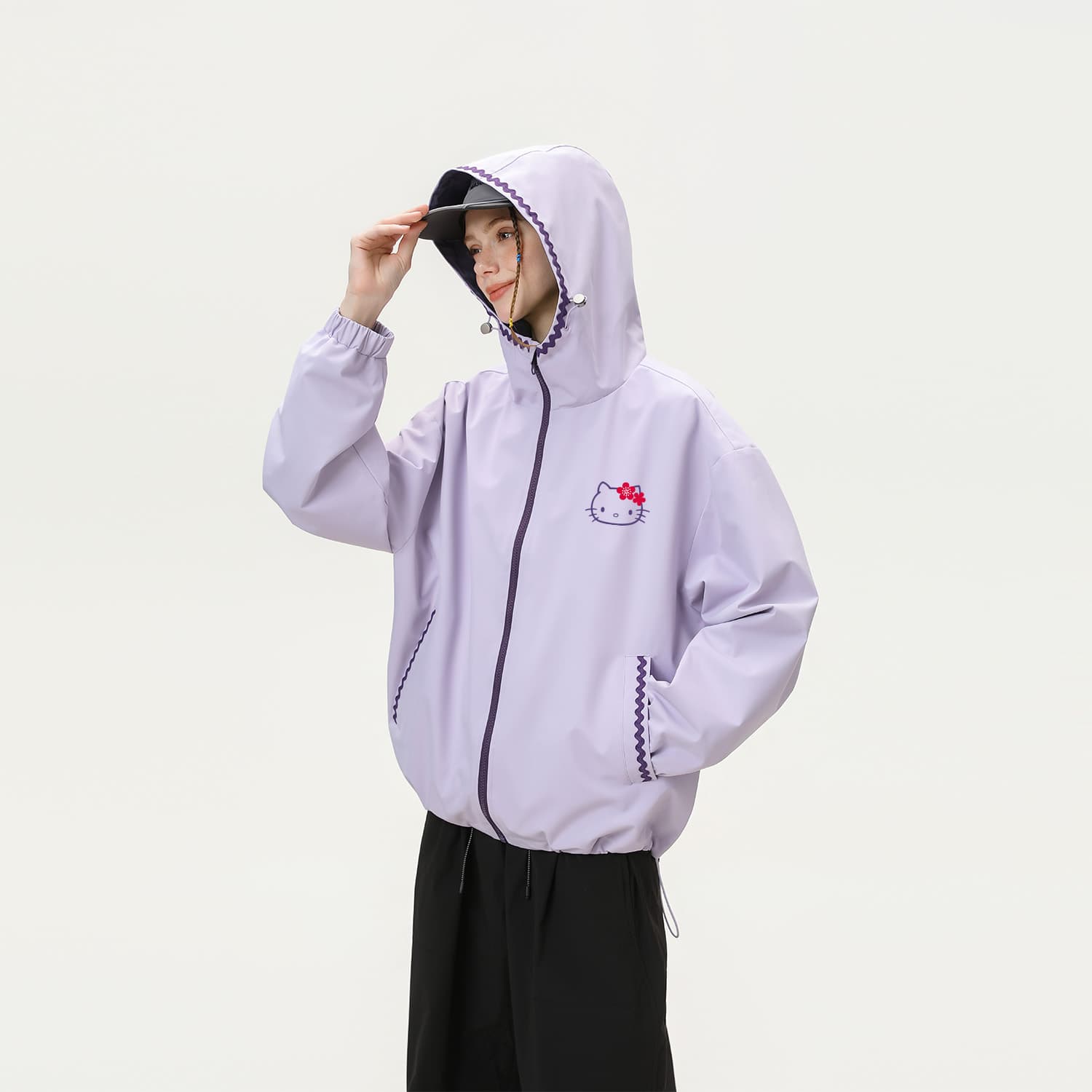 Куртка Sanrio Hello Kitty Весенняя американская модная универсальная милая контрастная тонкая куртка с капюшоном для женщин - изображение 4