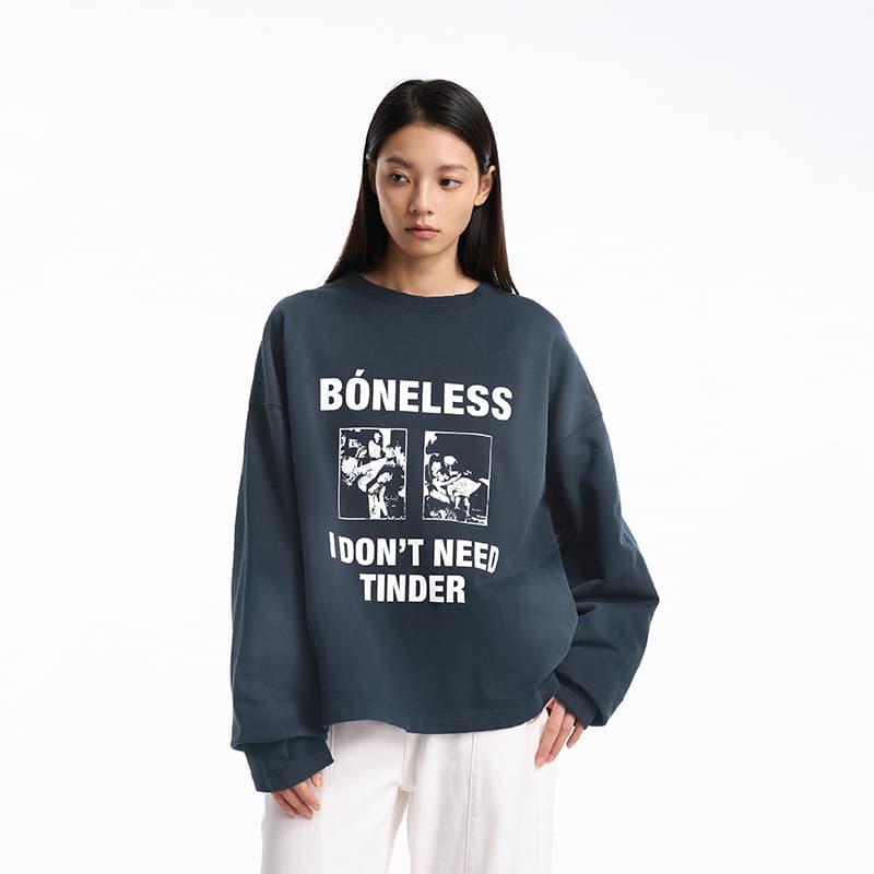 Худи BONELESS JustForToday Круглый вырез Пуловер 100% хлопок Винтаж/дворцовый стиль Промытый Повседневный Минималистичный Толстовка Унисекс - изображение 5