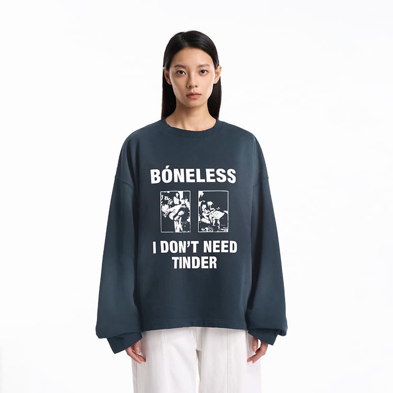Худи BONELESS JustForToday Круглый вырез Пуловер 100% хлопок Винтаж/дворцовый стиль Промытый Повседневный Минималистичный Толстовка Унисекс - изображение 3