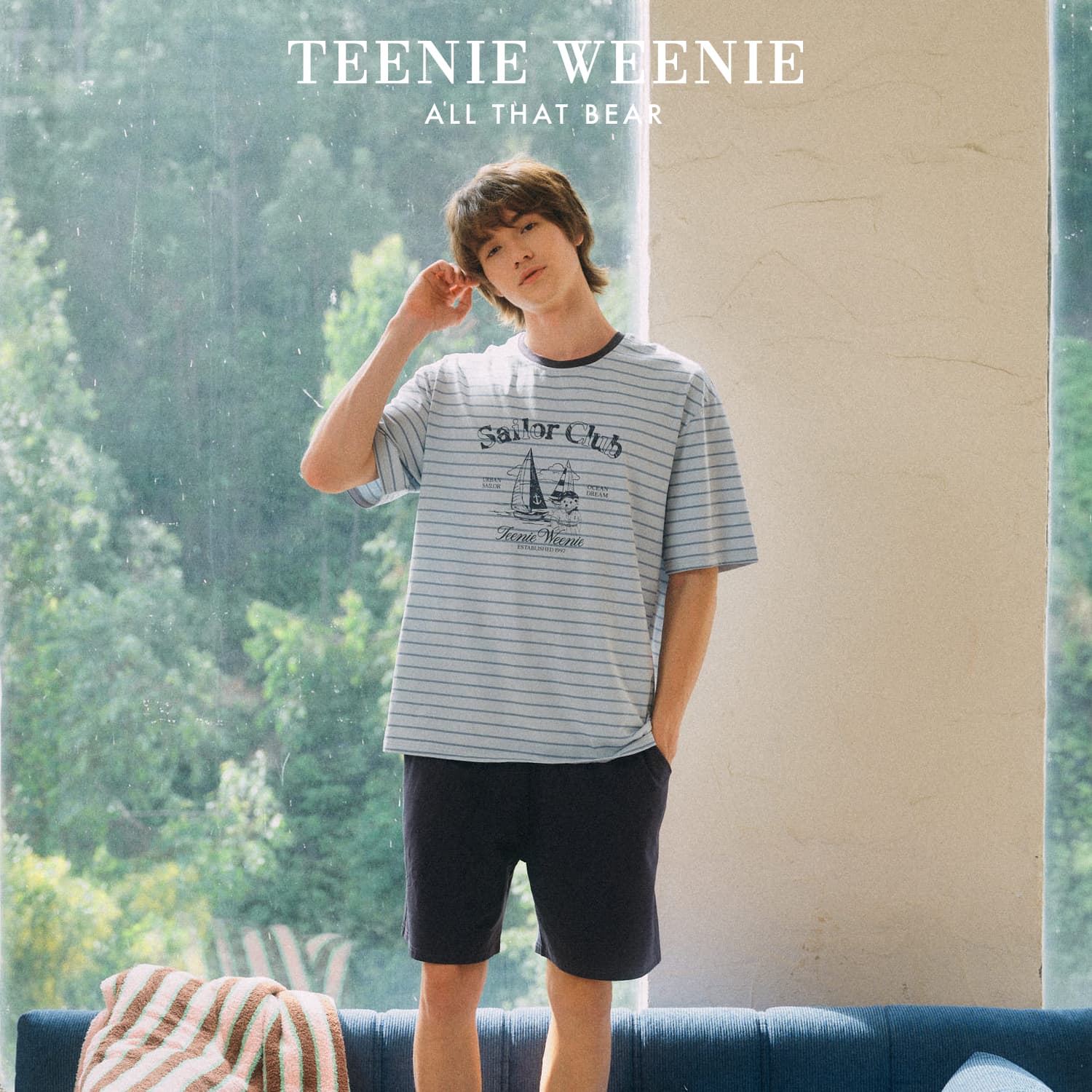 Пижама Teenie Weenie Синий Подкладочная ткань Полосы Мужской Пижамный комплект - изображение 2