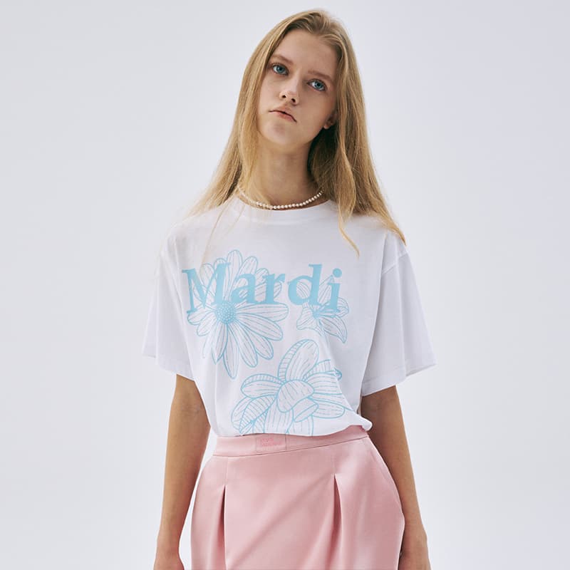Футболка MARDI MERCREDI Three Flowers Collection SS25 T Рубашка Женская Белая Далекие Небесные Лазурь Корейский стиль - изображение 3