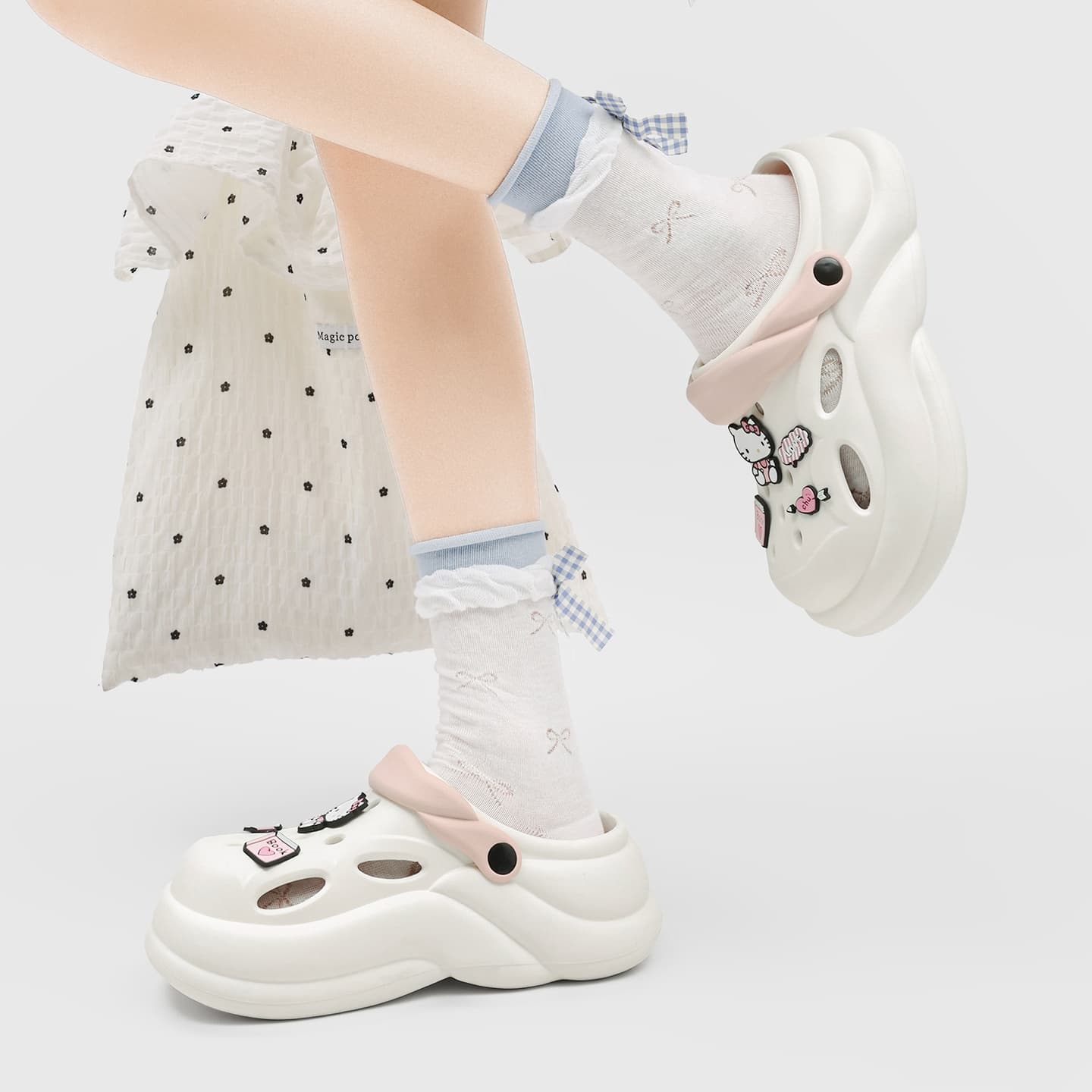 Сабо Sanrio Hello Kitty Летние милые мультяшные дышащие слипоны-клоги на платформе для женщин в бело-розовом цвете - изображение 7