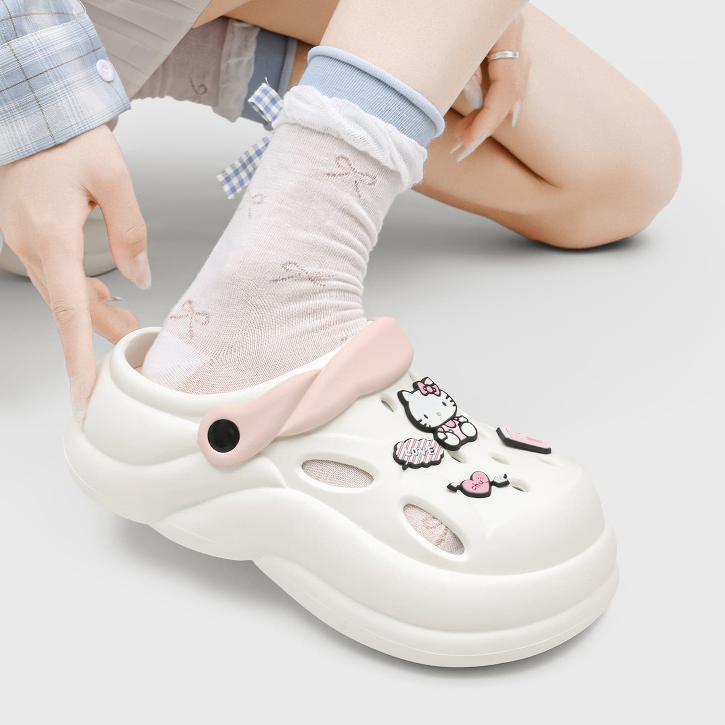 Сабо Sanrio Hello Kitty Летние милые мультяшные дышащие слипоны-клоги на платформе для женщин в бело-розовом цвете - изображение 5