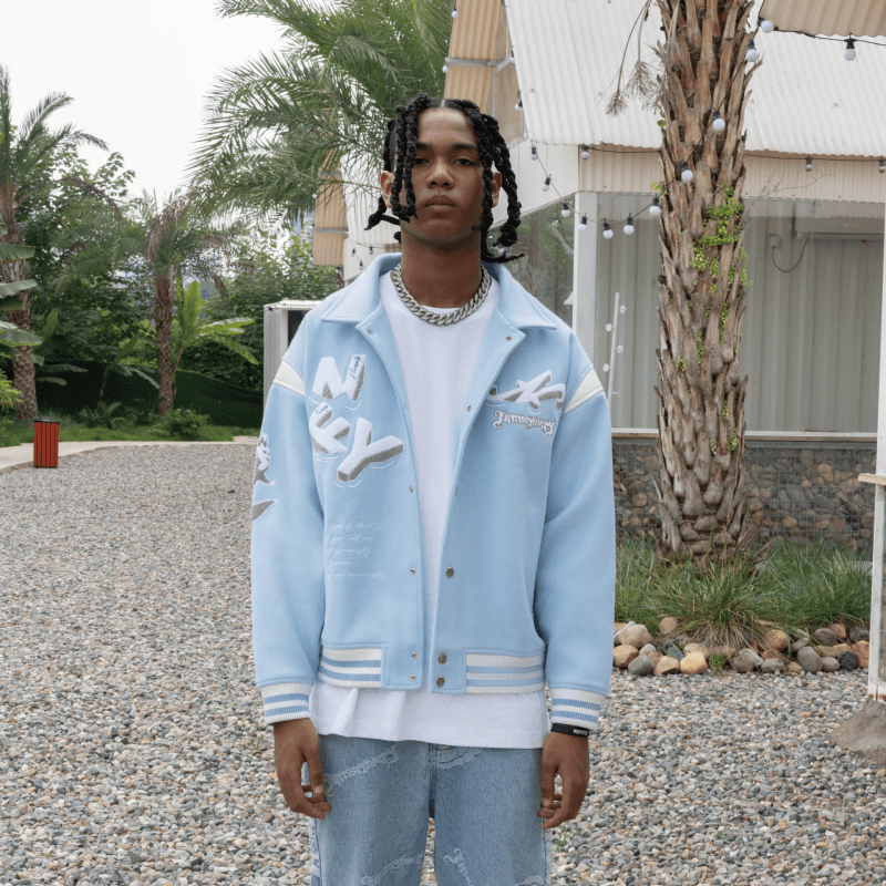 Бомбер Necessity Finery Vintage Baseball Jacket Light Blue - изображение 3