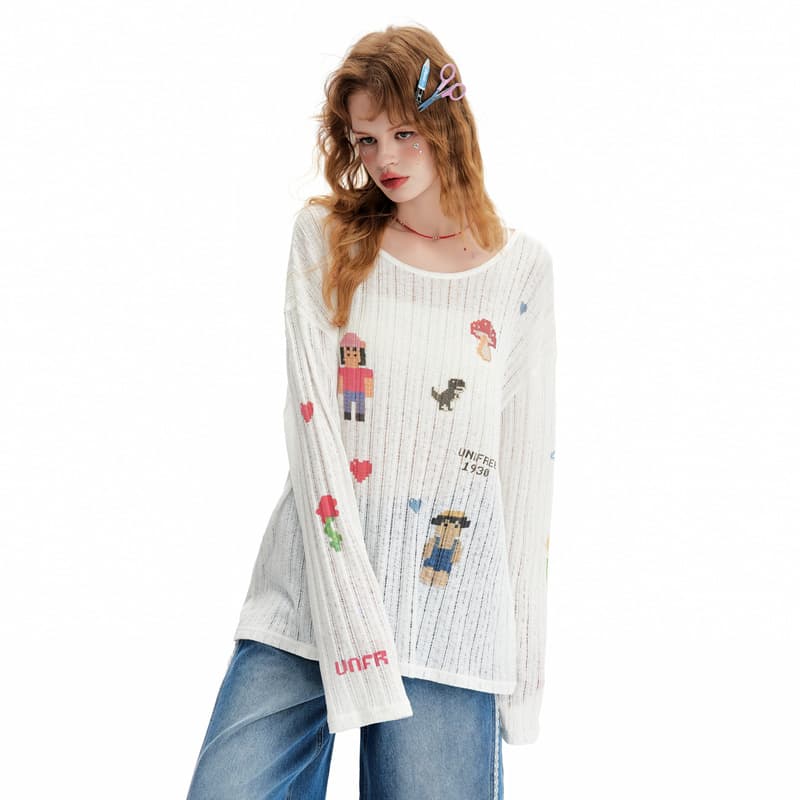 Кофта UNIFREE Cute Print Loose Thin Hollow Long Sleeve Tee - изображение 8