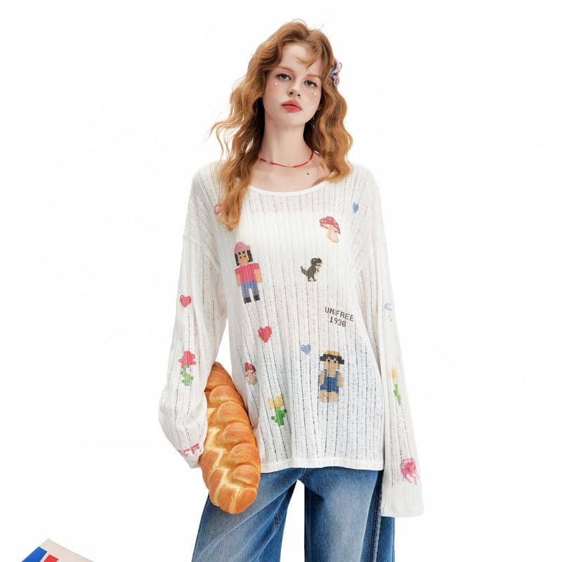 Кофта UNIFREE Cute Print Loose Thin Hollow Long Sleeve Tee - изображение 3