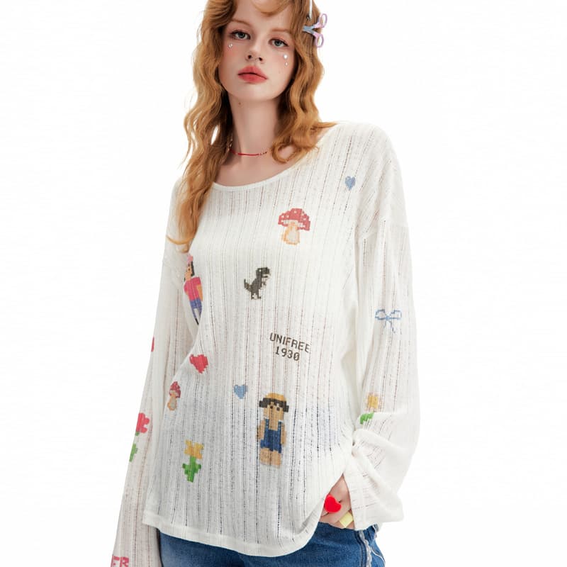 Кофта UNIFREE Cute Print Loose Thin Hollow Long Sleeve Tee - изображение 6