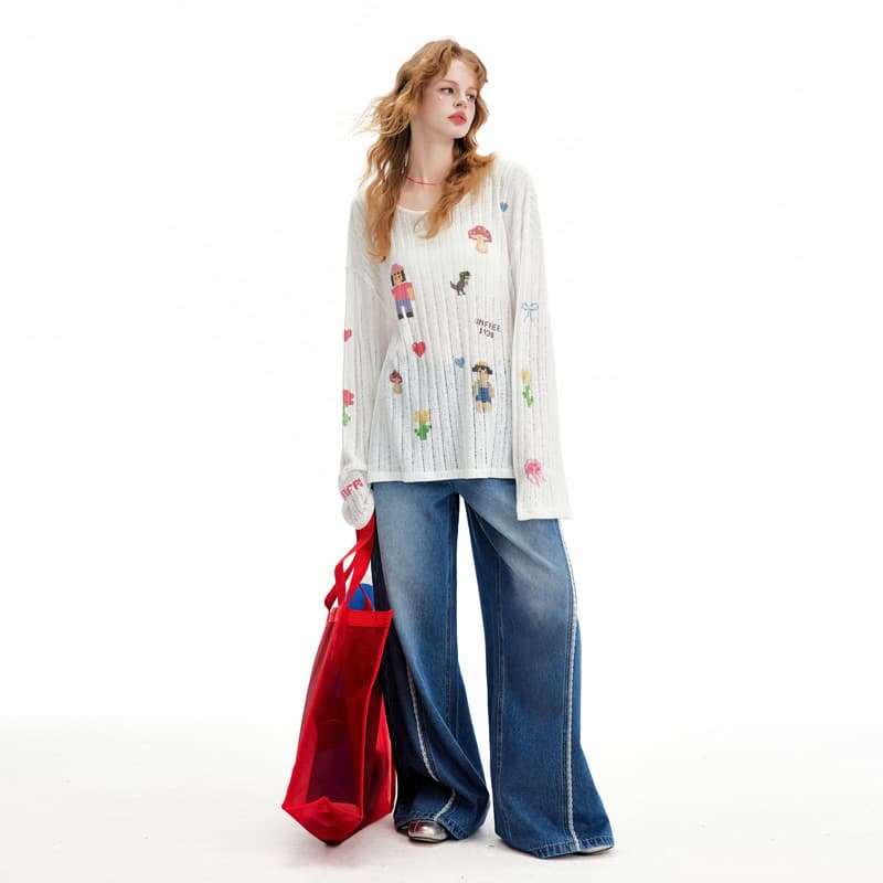 Кофта UNIFREE Cute Print Loose Thin Hollow Long Sleeve Tee - изображение 5