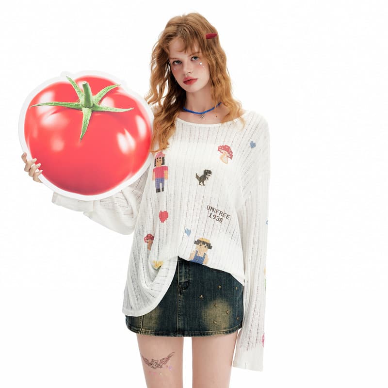 Кофта UNIFREE Cute Print Loose Thin Hollow Long Sleeve Tee - изображение 4