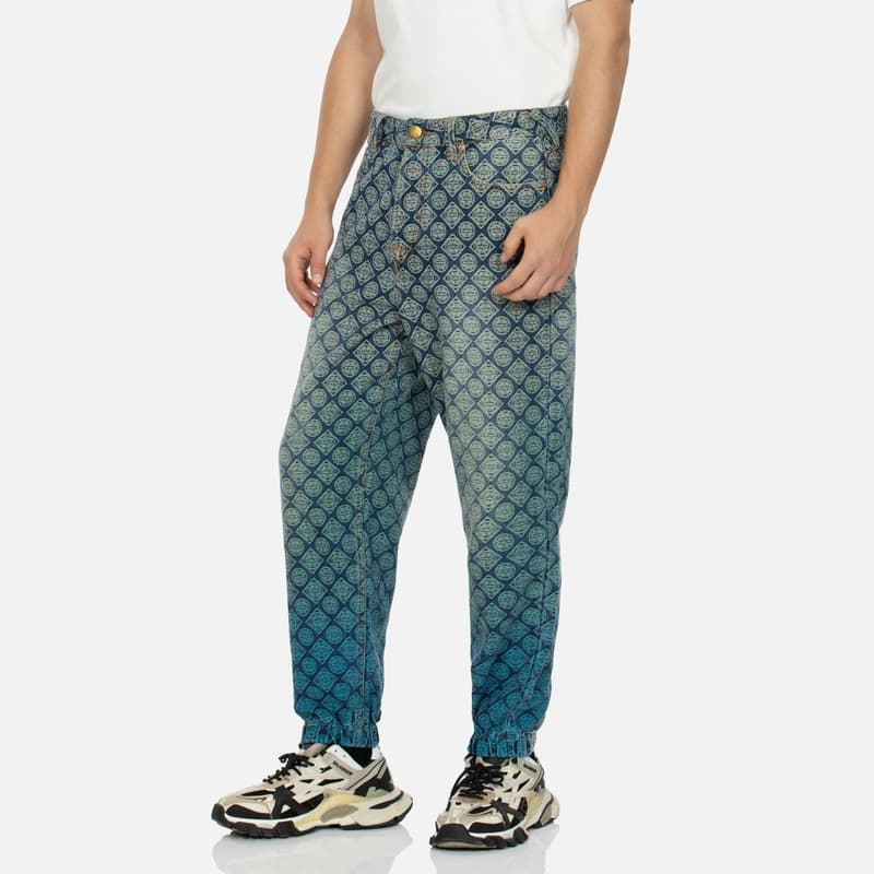 Штаны EVISU Джинсовые повседневные штаны мужские джинсовый синий сплошной с принтом - изображение 3
