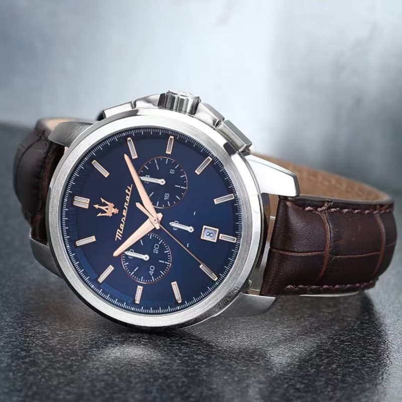 Механические часы Maserati Quartz механизм кожаный ремешок 44 мм синий циферблат мужские часы коробка + сумка для покупок - изображение 5