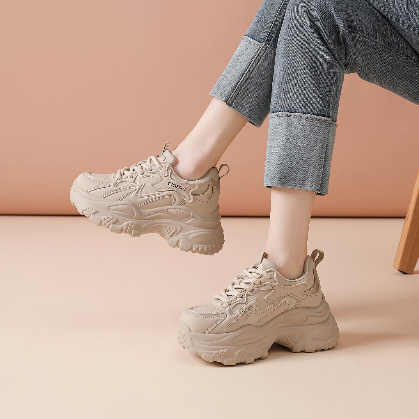 Кроссовки ZHR Chunky Sneakers Low Top Beige Platform 5,5 cm Women's - изображение 3