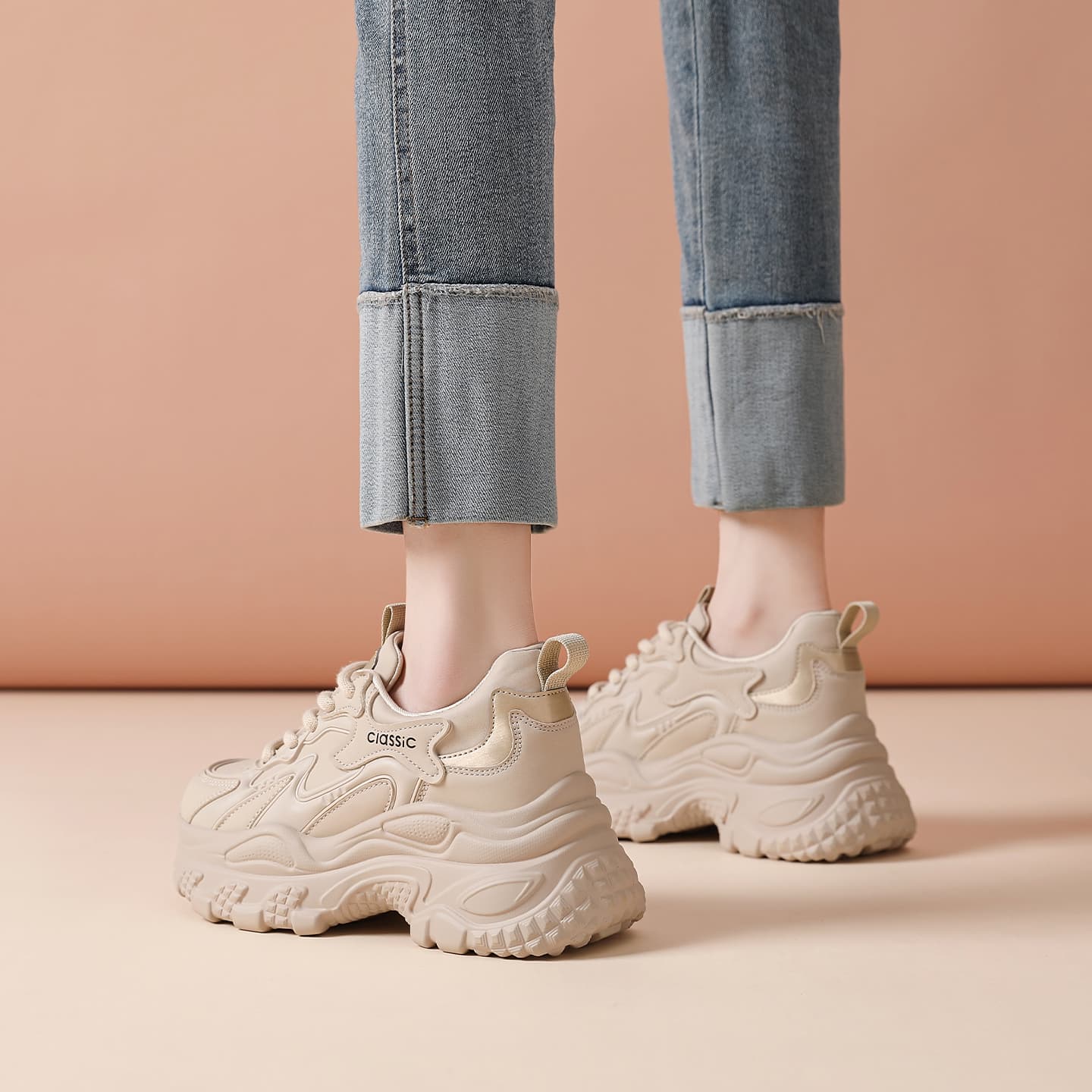 Кроссовки ZHR Chunky Sneakers Low Top Beige Platform 5,5 cm Women's - изображение 4