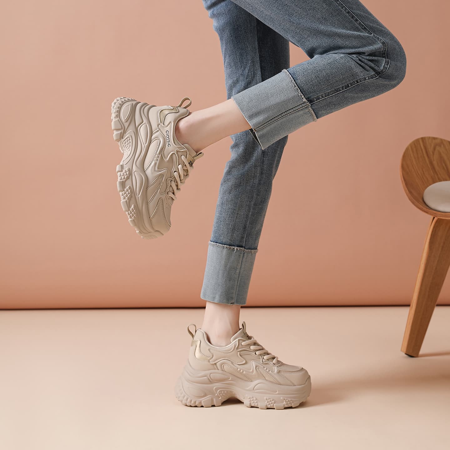 Кроссовки ZHR Chunky Sneakers Low Top Beige Platform 5,5 cm Women's - изображение 5