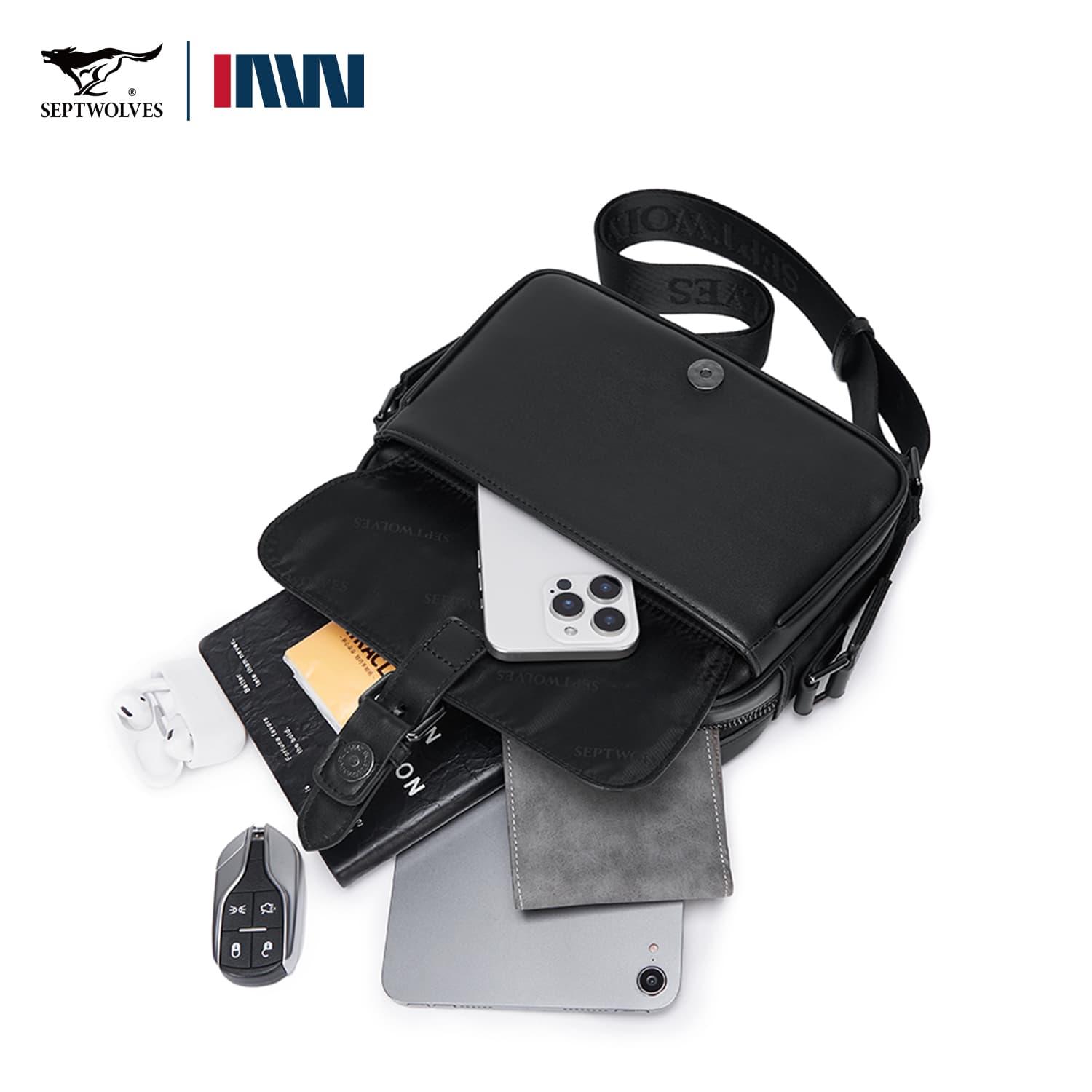 Сумка через плечо SEPTWOLVES Crossbody Bag Black Unisex SEPTWOLVES Кроссбоди Сумка Черная Унисекс - изображение 5
